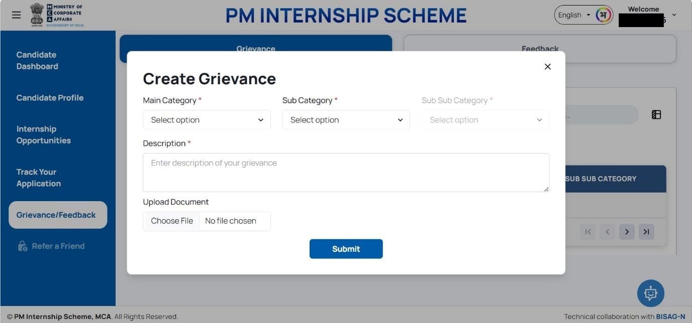 MCA PM Internship Scheme Grievance